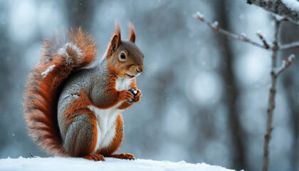 Squirrel foraging for food in a snowy forest during winter