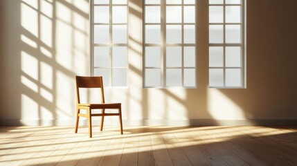 Sunlight Illuminates Empty Room with Wooden Chair near Window, Minimalist Interior Design