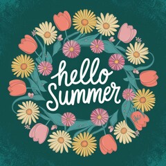 Colorful floral wreath with the text hello Summer in the center
