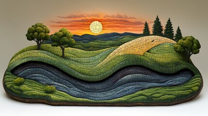 Intricate Puzzle Landscape Sunset Scene With Trees