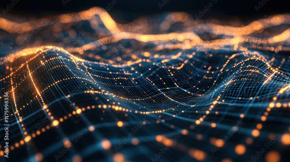 Poster abstract digital landscape with glowing particles and wavy grid pattern representing data flow and t