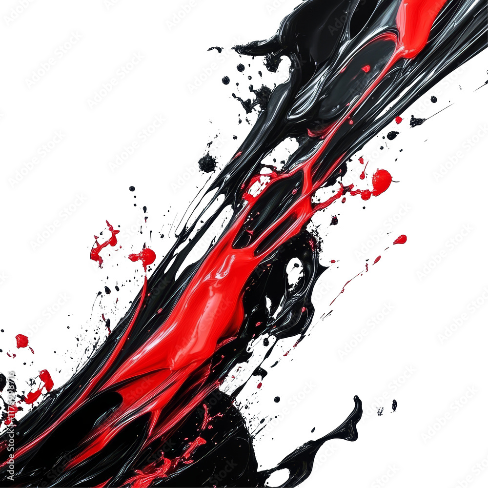 Poster dynamic black and red paint splashes create an energetic abstract composition on a transparent backg