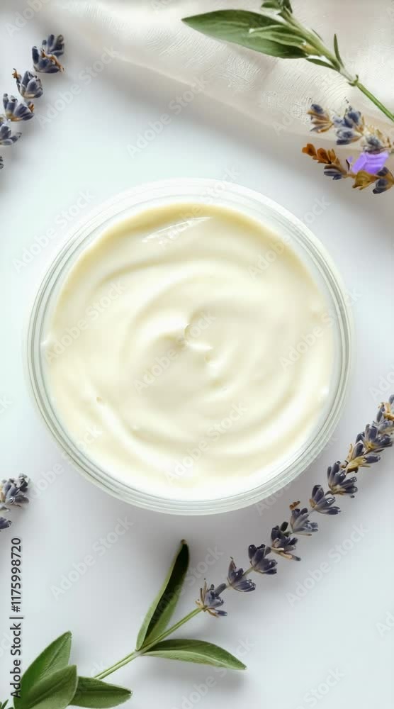 Poster glass jar with moisturizing cream is surrounded by lavender flowers and green leaves on a white back