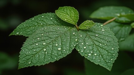 Close-up of a green leaf with droplets of water, highlighting nature's beauty.