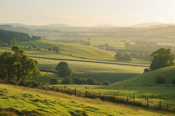 Fototapeta premium Idyllic countryside landscape with rolling green hills, scattered trees, and wind turbines generating renewable energy under soft morning sunlight