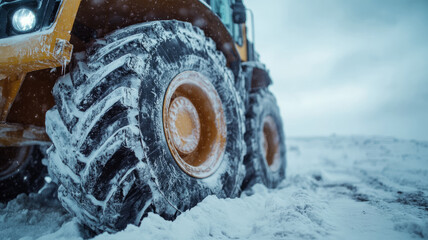 Tractor tire in snowy landscape close-up