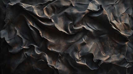 Naklejka premium Dark, textured fabric with deep wrinkles and folds, creating an abstract background.