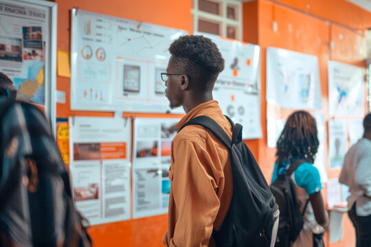 Student observing educational posters on a bulletin board in a vibrant classroom environment, symbolizing learning and academic engagement