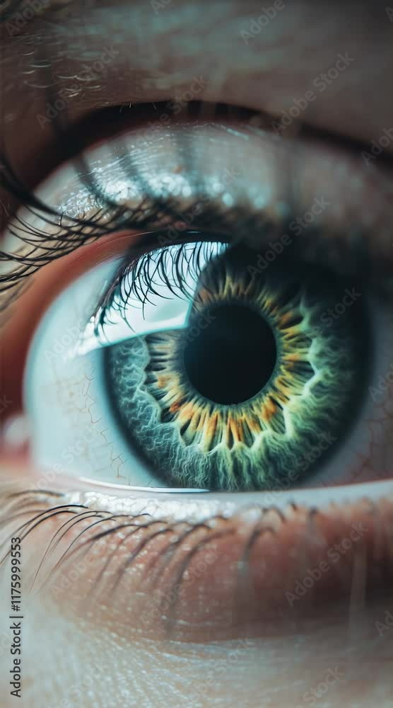 Poster extreme close up of a human eye showcasing the complex patterns and textures of the iris, highlighti