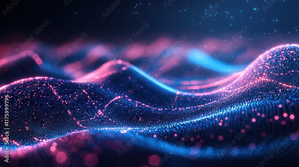Poster abstract digital waves with glowing particles and vibrant colors creating a modern and futuristic ba