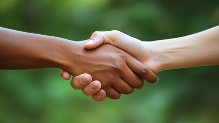 Two hands of different skin tones shaking hands