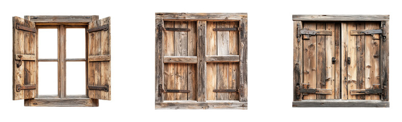 Three Different Wooden Window Shutters in Various States of Openness, Isolated on Transparent and White Background
