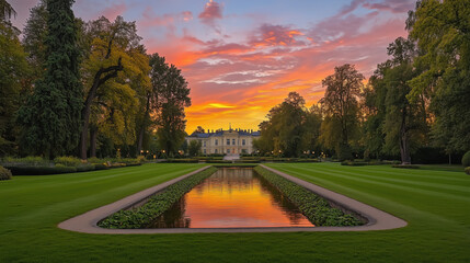 Fototapeta premium Peaceful European Park at Twilight with Manicured Lawns, Tree-Lined Avenues, and a Tranquil Pond Reflecting the Fiery Hues of the Sunset, Surrounded by Charming Baroque-Style Architecture