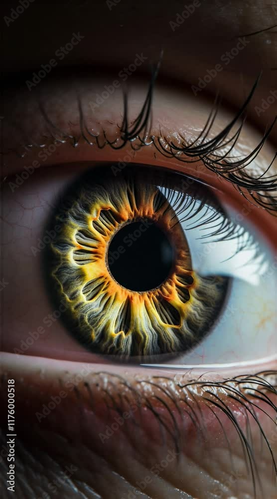 Poster Extreme macro close up of an eye revealing intricate details of the iris with a mesmerizing pattern of lines and colors, surrounded by long eyelashes