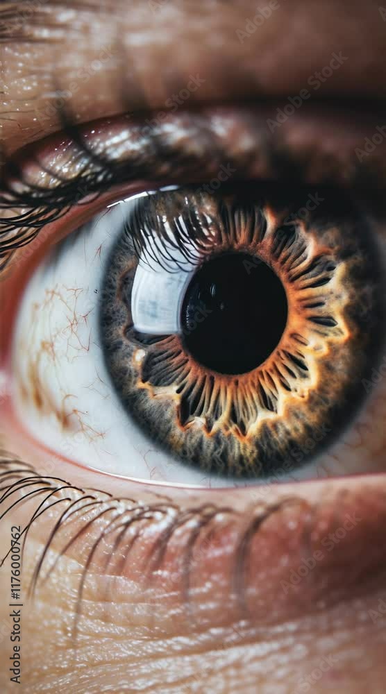 Poster extreme close up of an open human eye, revealing intricate details of the pupil, iris, and surroundi
