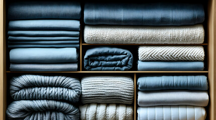 Neatly stacked folded blankets, towels, and sheets in wooden shelves.