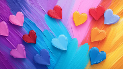 Colorful hearts arranged on a vibrant painted background