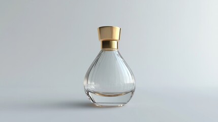 Elegant clear glass perfume bottle with gold cap on white background.