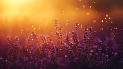 lavender field at sunset, with golden light bathing the blooming purple flowers