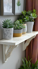 Fototapeta premium White shelf with potted succulents, against a wall with framed botanical prints.