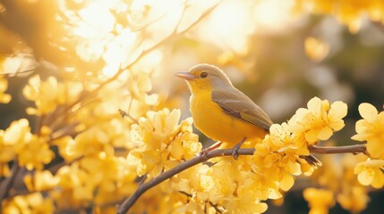 Yellow bird perched on blooming yellow flowers at sunset.