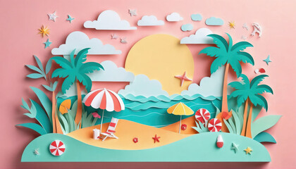 Obraz premium Relaxing beach landscape with colorful paper art depicting a summer scene by the ocean