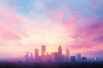 Fototapeta premium Pink sunrise over city skyline, pastel clouds, urban landscape, perfect for travel brochures.
