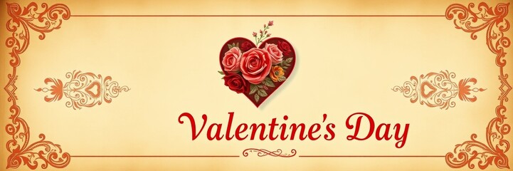 Fototapeta premium Valentine's Day heart with vibrant roses on an ornate background conveying romance and affection