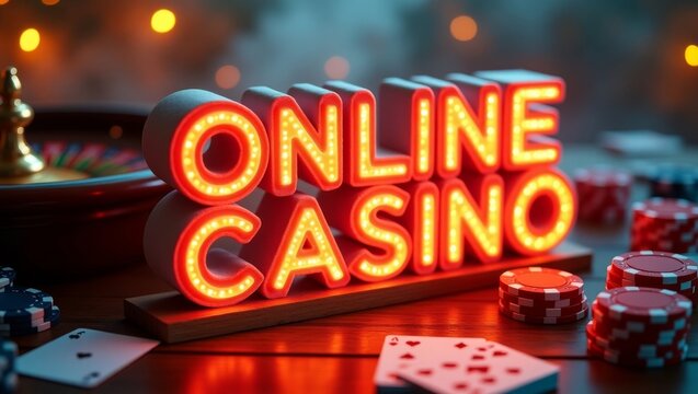 Neon online casino sign in retro cinematic casino setting