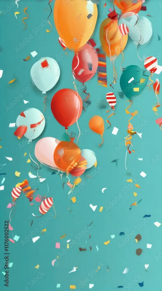 Poster festive balloons in various colors and patterns float gracefully against a vibrant turquoise backdro