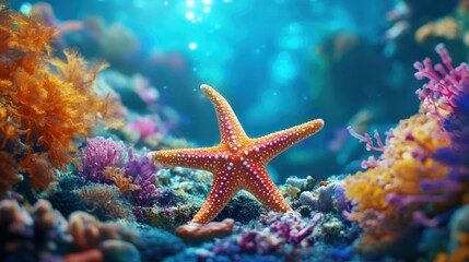 Vibrant Underwater Seascape: Orange Starfish Amidst Colorful Coral Reef