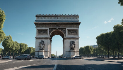 Fototapeta premium Grand architecture at Arc de Triomphe with clear sky and traffic in Paris