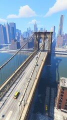 Fototapeta premium Cityscape view of Brooklyn Bridge, traffic, and Manhattan skyline. Use travel brochure.