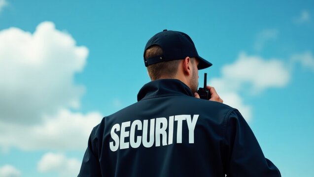 Security personnel communicating with walkietalkie under blue sky