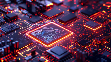Obraz premium Futuristic Circuit Board Illustration with Glowing Microchip Design for Technology Concepts