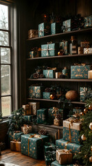 Teal and gold wrapped gifts on wooden shelves and floor near window.