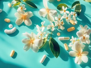 White flowers and pills on teal background in sunlight.