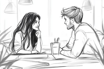 A minimalist black-and-white sketch depicting a man and a woman engaged in a lively conversation at a table in a coffee shop. 