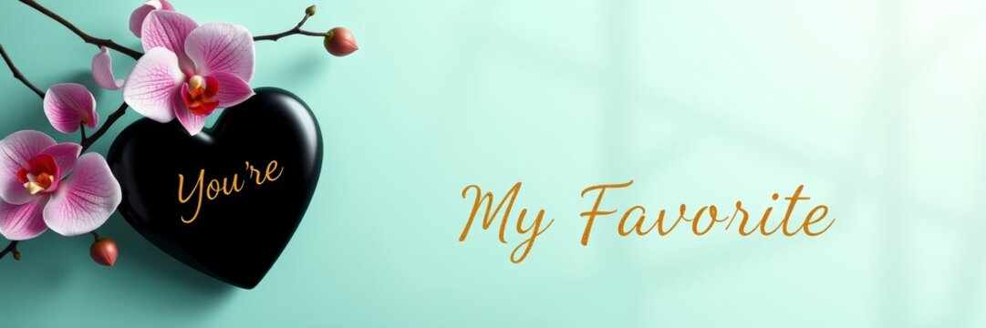 Black heart with "You're My Favorite" text surrounded by pink orchids on a soft turquoise background conveys love and affection perfect for Valentine's Day