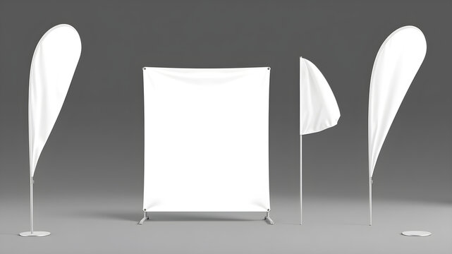 Realistic banner stand, beach flags isolated 3d vector mockups. White rectangular, feather and tear-drop shaped blank canvas for showcasing branding identity and messages. Generative AIc