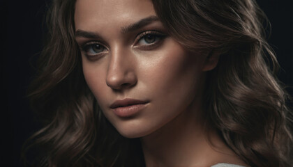 Fototapeta premium Portrait of a young woman with flowing hair, showcasing a captivating expression against a dark background