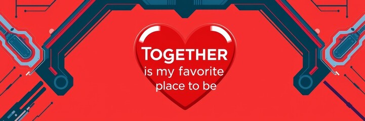 Red heart graphic with text conveying love and connection, set against a modern geometric background showcasing technology-themed elements