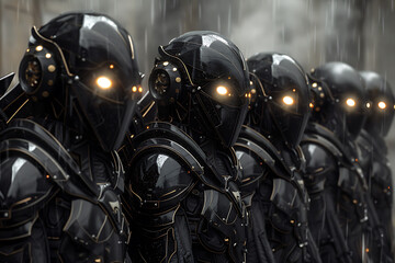 Fototapeta premium Futuristic cyber angels in black armor with glowing eyes, high-tech formation