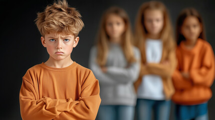 Fototapeta premium Boy standing alone with crossed arms surrounded by girls