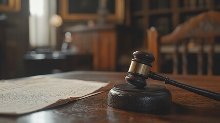 Close-up of a gavel resting on a wooden desk with legal documents, symbolizing law changes and judicial decisions in the legal system.