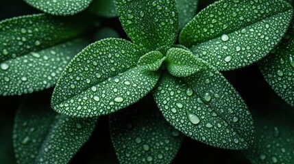 Fototapeta premium Close-up of green leaves adorned with water droplets, showcasing nature's beauty.