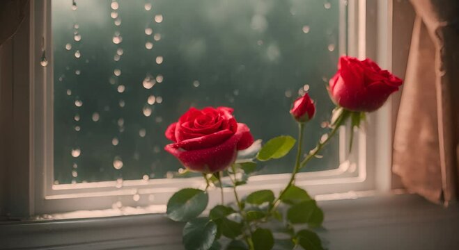 A red rose is sitting on a window sill with raindrops on it Video 4K