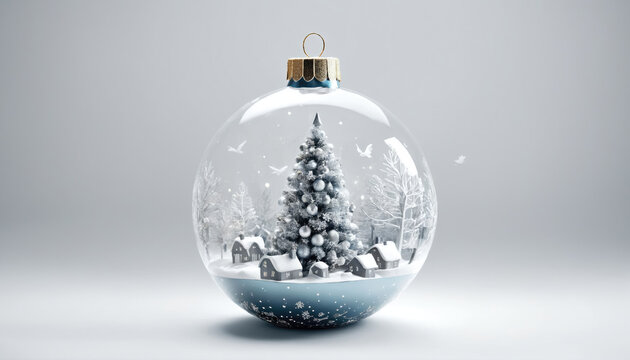Joyful winter landscape inside a snow globe with a Christmas tree and miniature houses