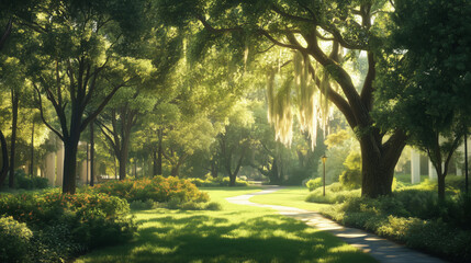 Peaceful Park in Louisiana with Vibrant Greenery, Spanish Moss-Draped Cypress Trees, and Sunlight Breaking Through the Canopy, Framed by Contemporary Urban Architecture