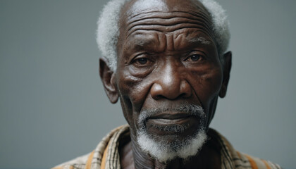 Elderly man with expressive features poses against a neutral background in a candid moment